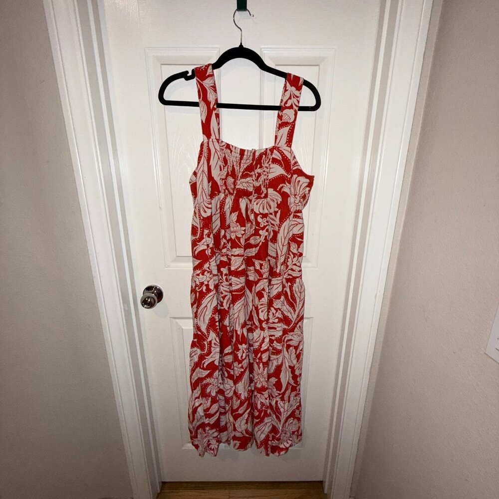 Who What Wear Small Linen Blend Sundress Red White Floral Lace Up Front Midi